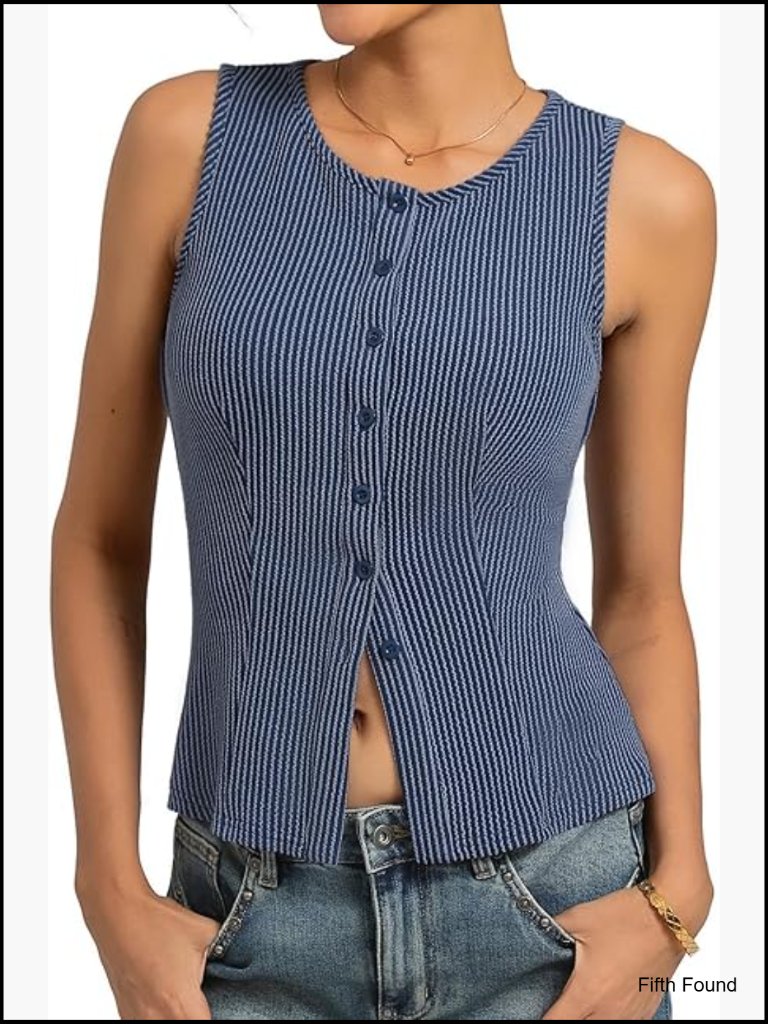 Ribbed Knit Sleeveless Tank Top With Buttons